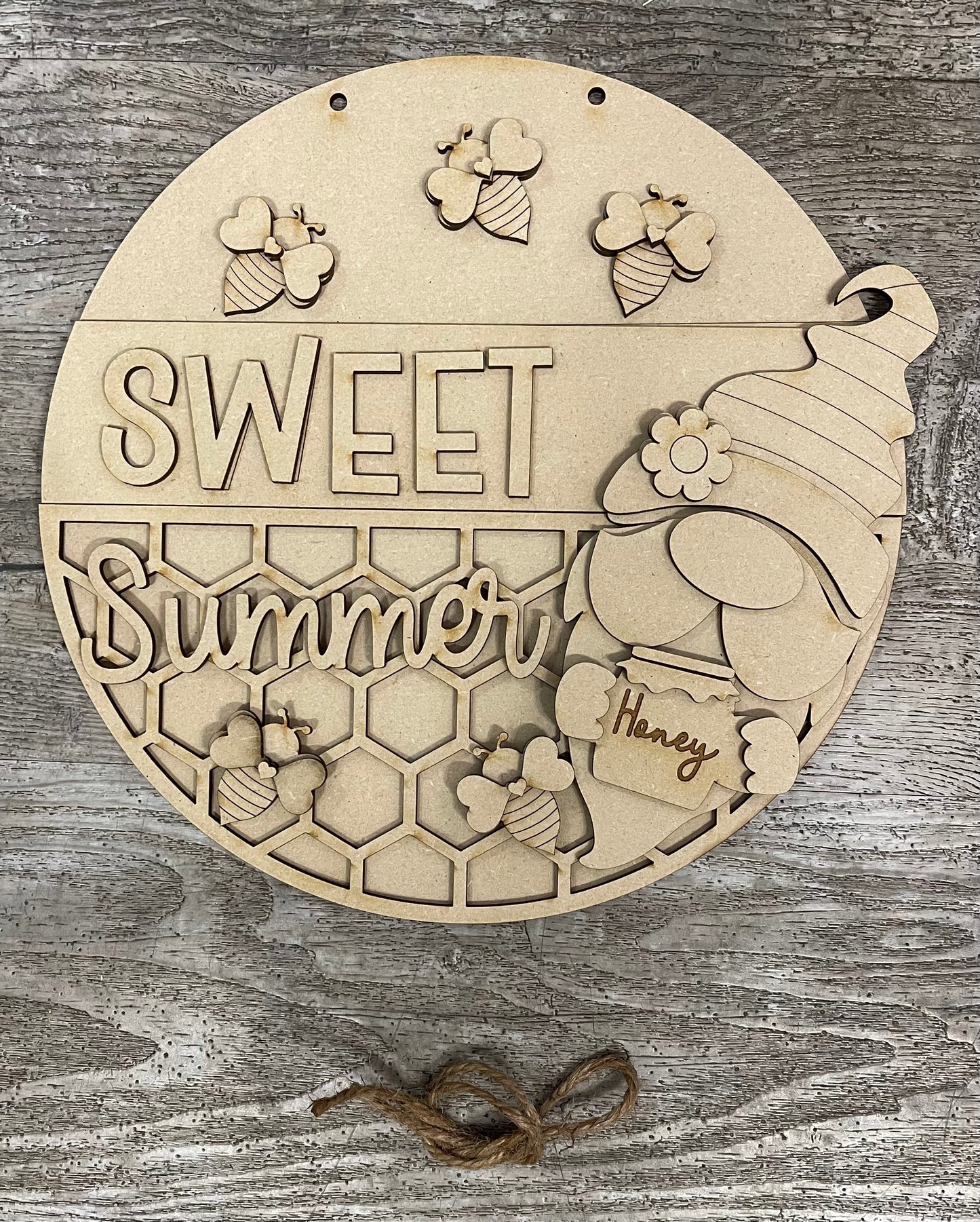 Sweet Summer Bee Gnome round sign kit, unpainted wooden cutouts - diy kit ready for you to paint, includes the circle