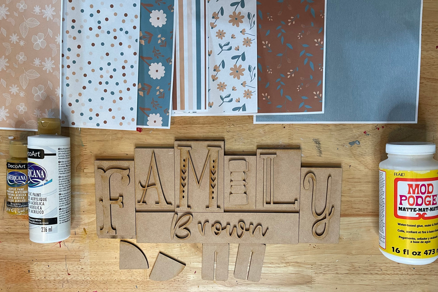 Family word kit - wood pieces, unpainted wood cutouts, ready for you to paint, scrapbook paper is not included