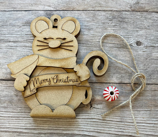 Mouse Ornament - Qty 1 wood ornament cutout, unpainted ready for you to finish