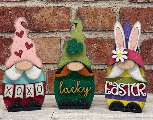 Chunky Valentine’s, St. Patricks, Easter Gnome trio- wood cutouts, unpainted ready for you to paint