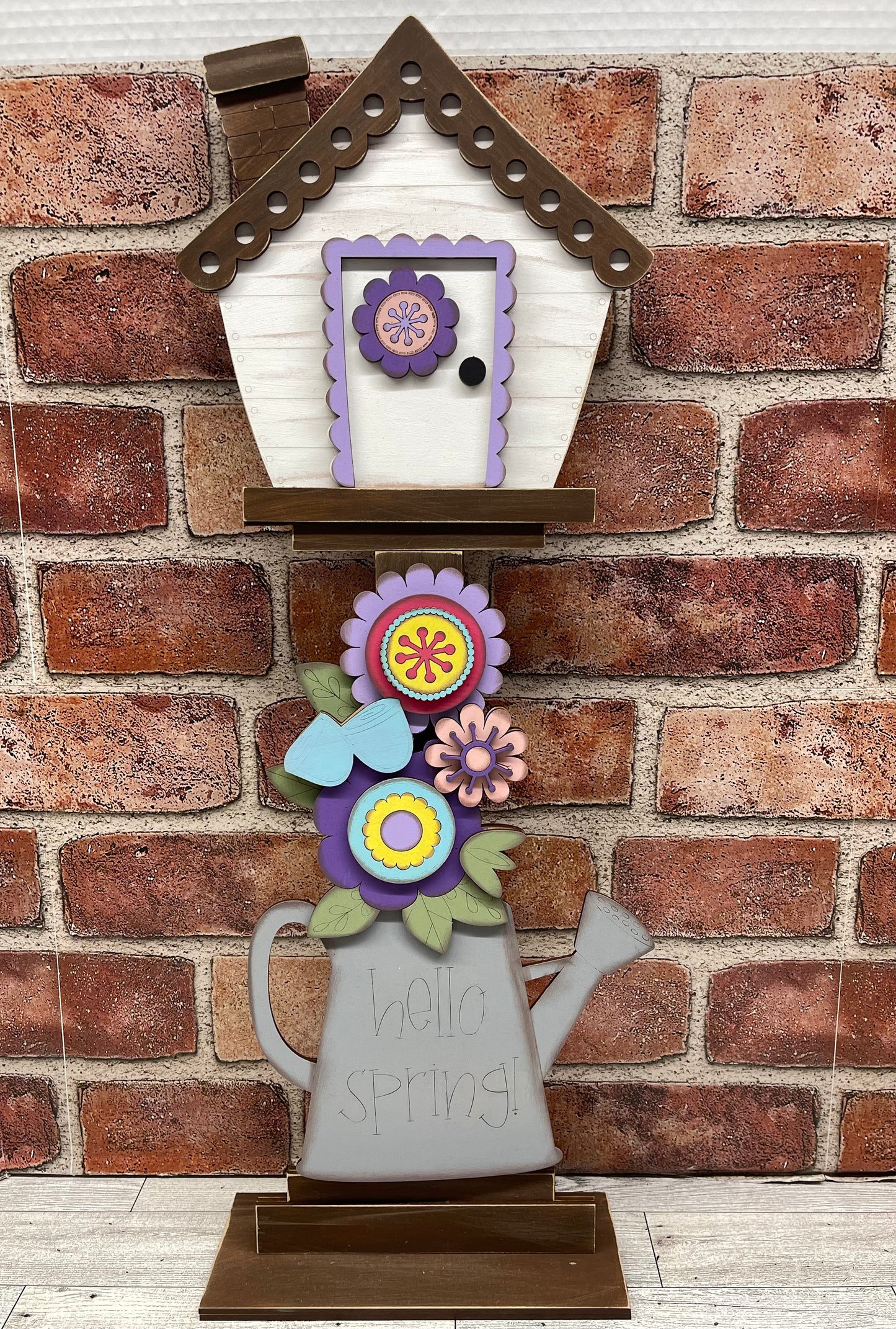 Hello Spring Watering Can Birdhouse changeable standing kit only - wood pieces, unpainted wood cutouts, ready for you to paint, sign backer is not included