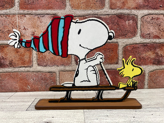 Snoopy & Woodstock on Sled - Peanuts Gang Cutout unpainted wood ready for you to paint