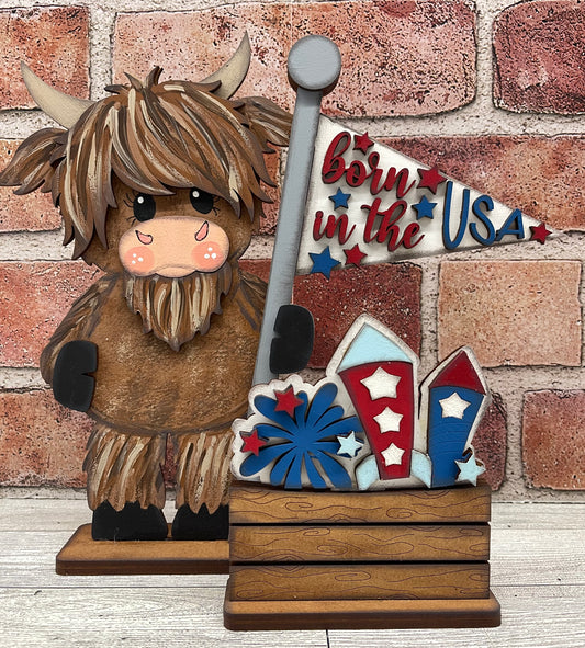 $12.00 Thursday - Highland Cow with 2 Changeable Flags and 2 Basket inserts and basket - unpainted cutouts ready for you to finish