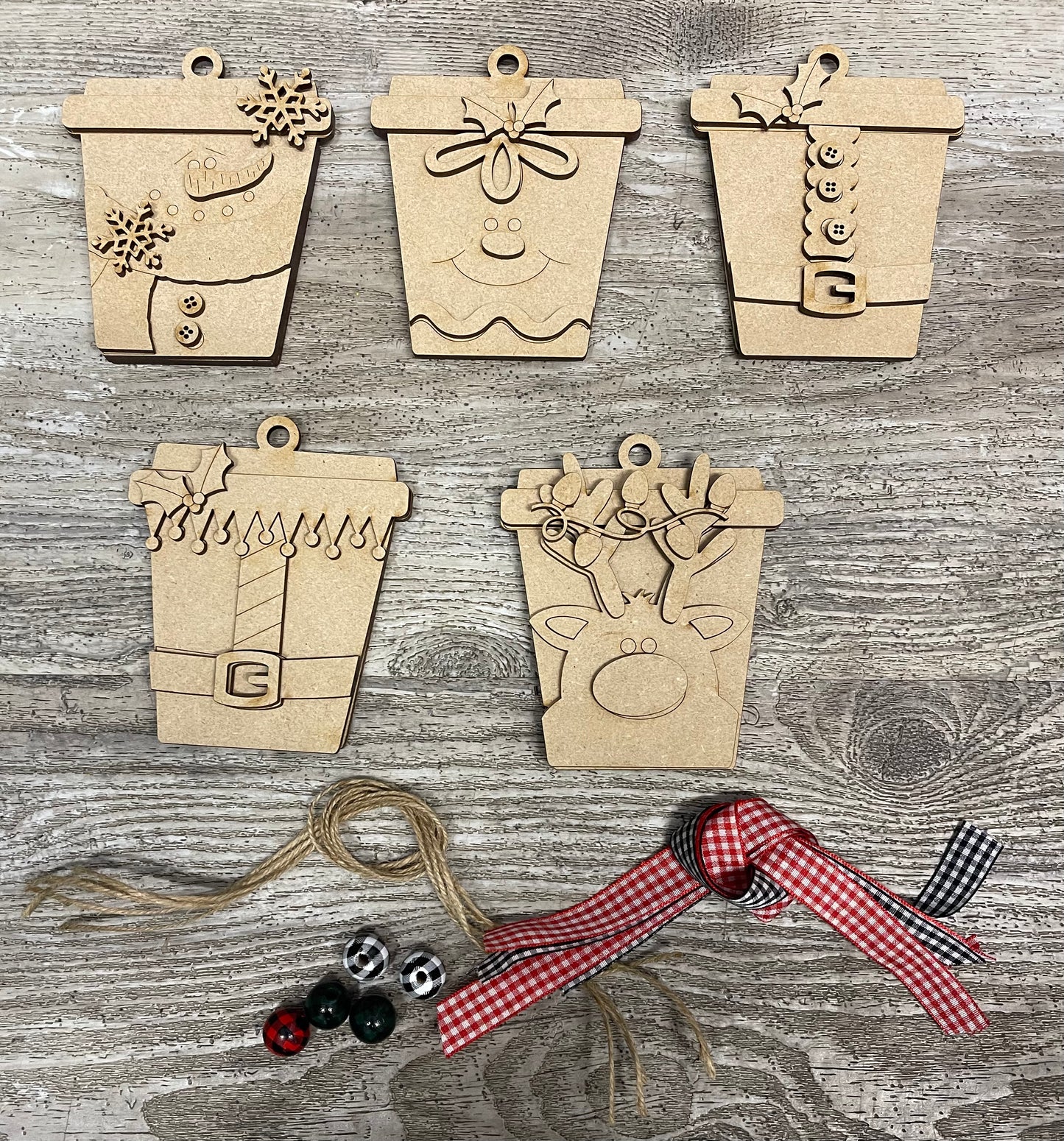 Christmas Latte wood ornaments - set of 5 gift card holder cutouts, unpainted ready for you to finish