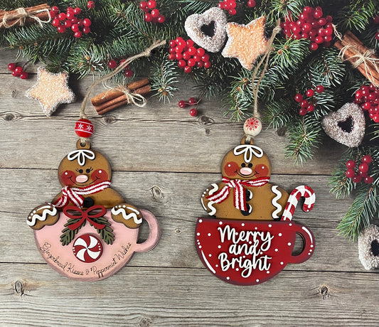 Gingerbread Hot Cocoa Cup Ornaments - Set of 2 wood ornament cutouts, unpainted ready for you to finish