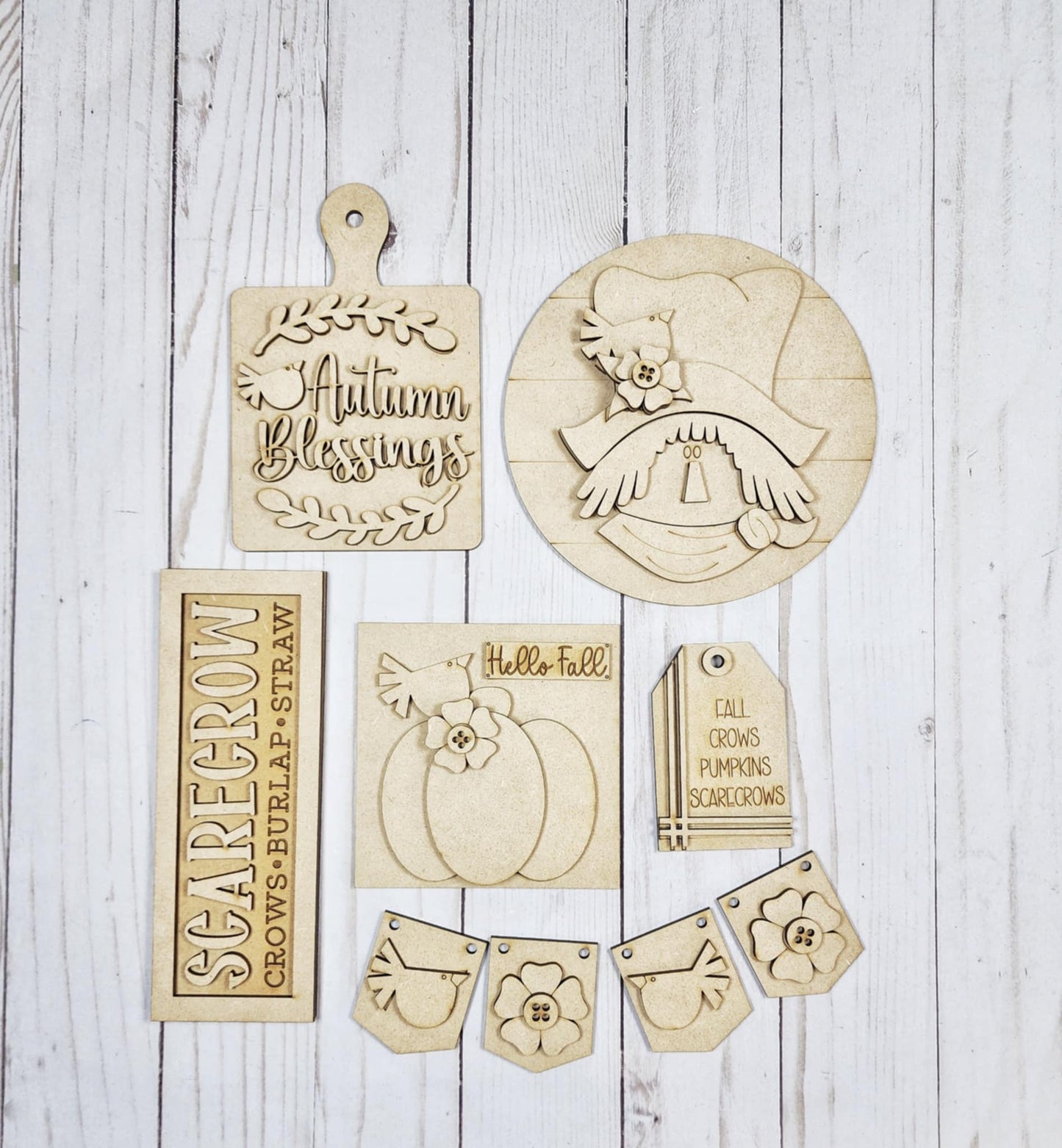 Fall Scarecrow Decor Set - Tiered Tray Set - unpainted cutouts