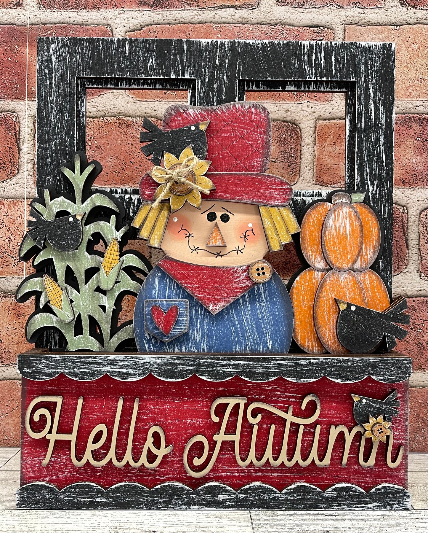 Hello Autumn Scarecrow - Insert for Changeable Window Box unpainted wood cutouts, ready for you to paint