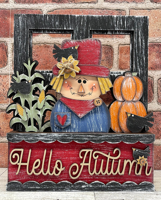 Hello Autumn Scarecrow - Insert for Changeable Window Box unpainted wood cutouts, ready for you to paint