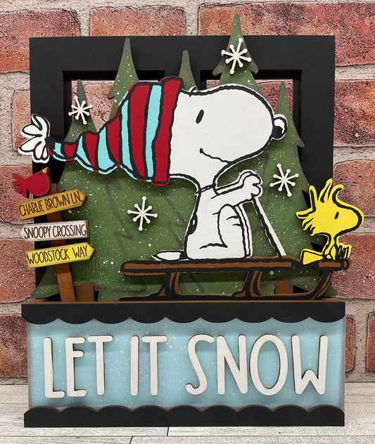 Snoopy & Woodstock on a Sled - Insert for Changeable Window Box unpainted wood cutouts, ready for you to paint