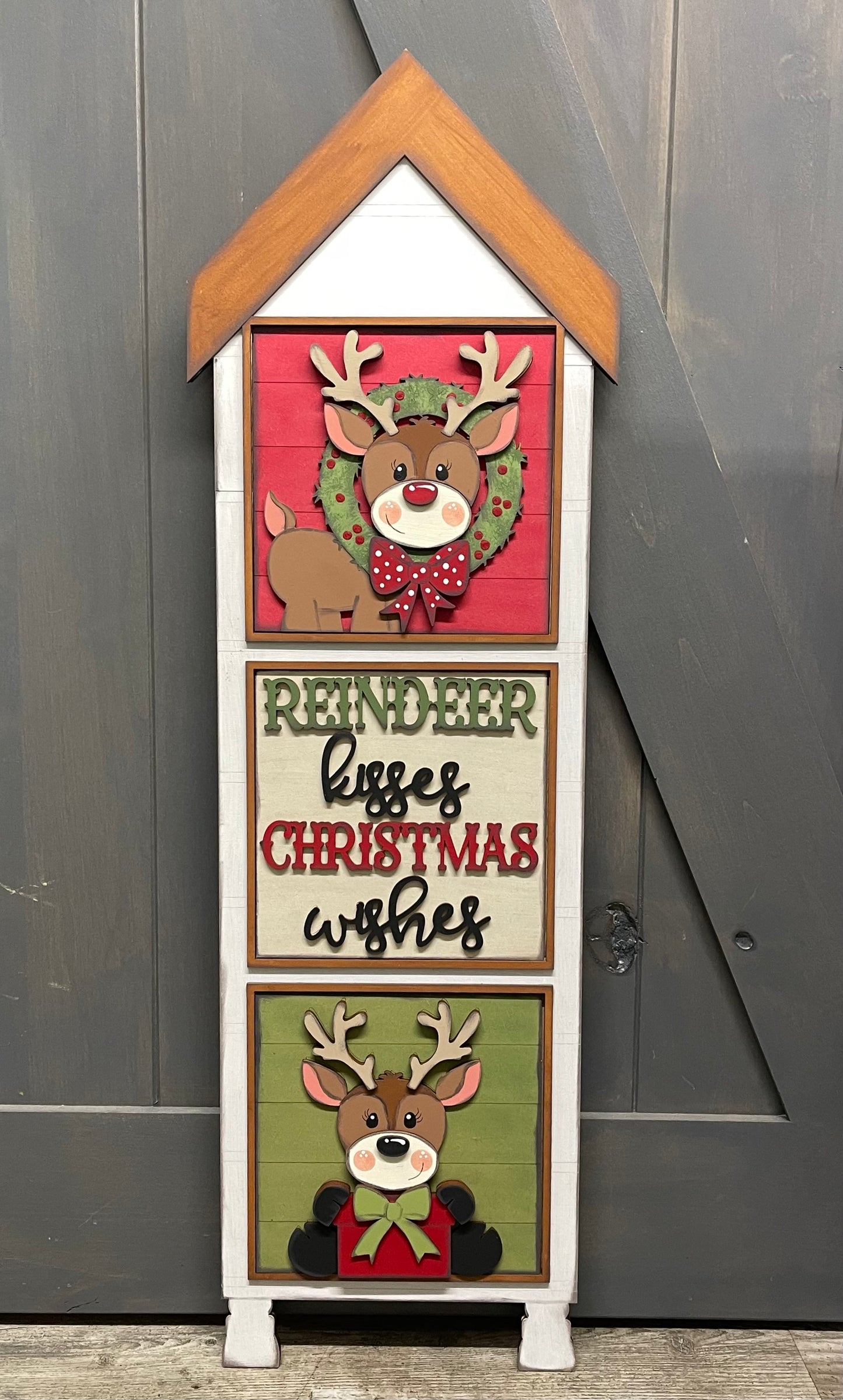 Both November 2025 Insert and blocks only - Hello Door Sign Insert and Reindeer Joy stander Kit- doesn't include the door sign House Ladder Blocks Only unpainted cutouts, Sign backer and house leaning ladder