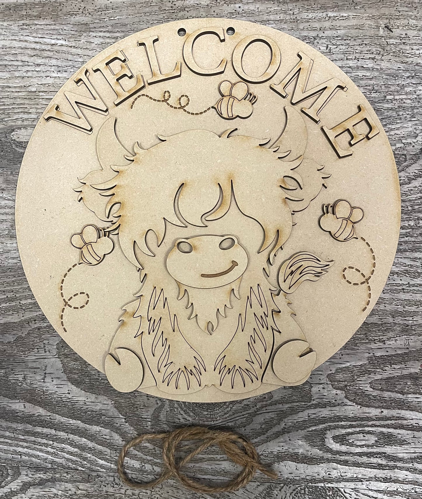 Highland Cow Bee sign and cutouts - unpainted wooden cutouts, ready for you to paint