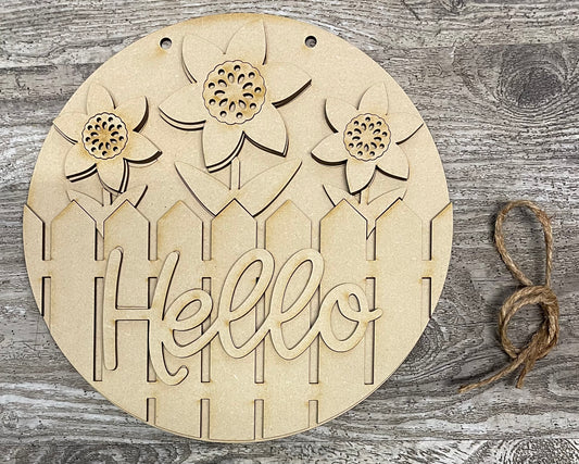 Hello Sunflower sign kit, unpainted wooden cutouts - diy kit ready for you to paint, includes the circle