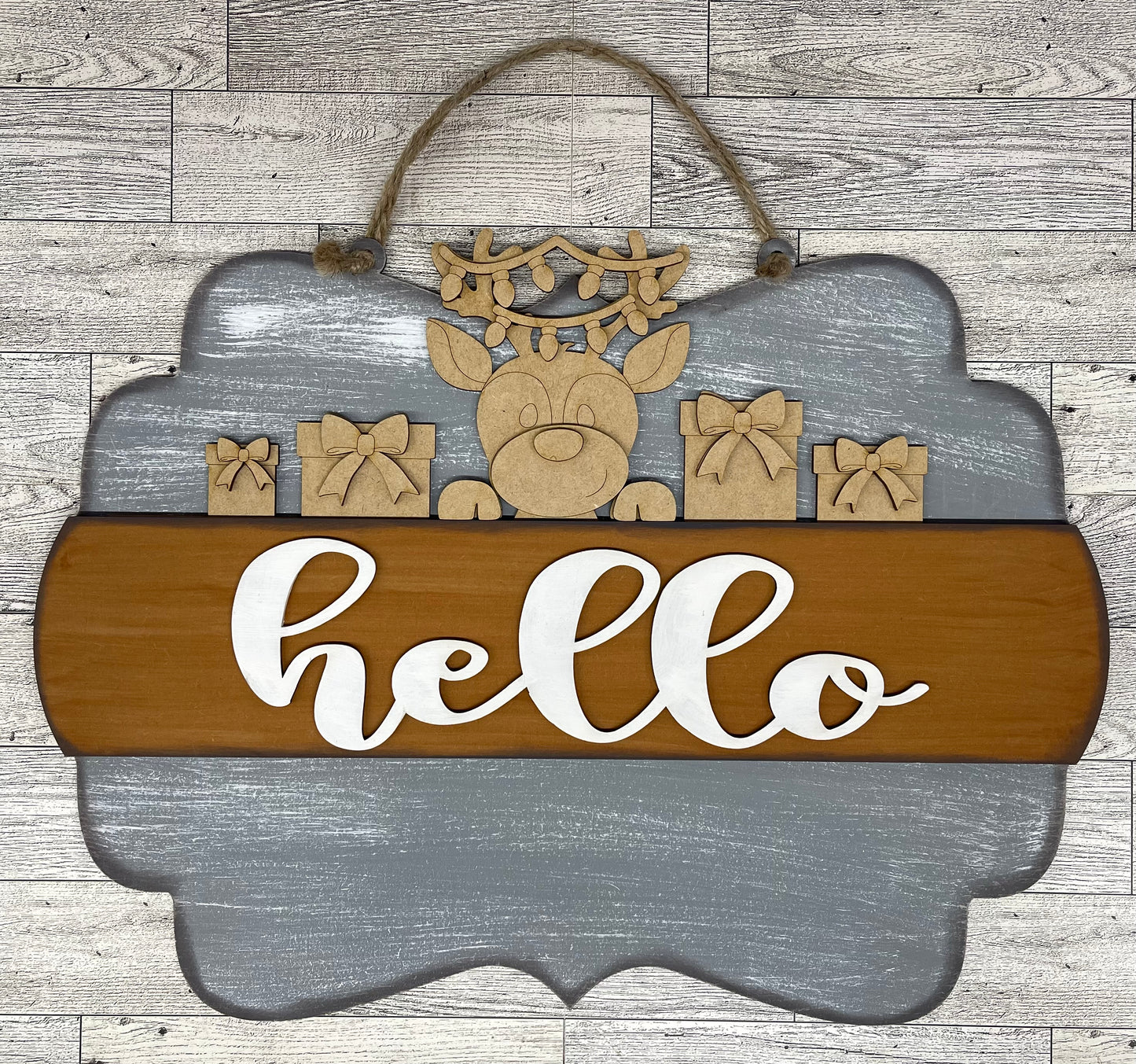 Both November 2025 Insert and blocks only - Hello Door Sign Insert and Reindeer Joy stander Kit- doesn't include the door sign House Ladder Blocks Only unpainted cutouts, Sign backer and house leaning ladder