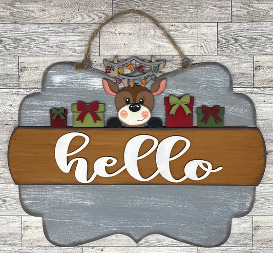 Both November 2025 Insert and blocks only - October Craft Kit - Hello Door Sign Insert and Reindeer Joy stander Kit- doesn't include the door sign House Ladder Blocks Only unpainted cutouts, Sign backer and house leaning ladder