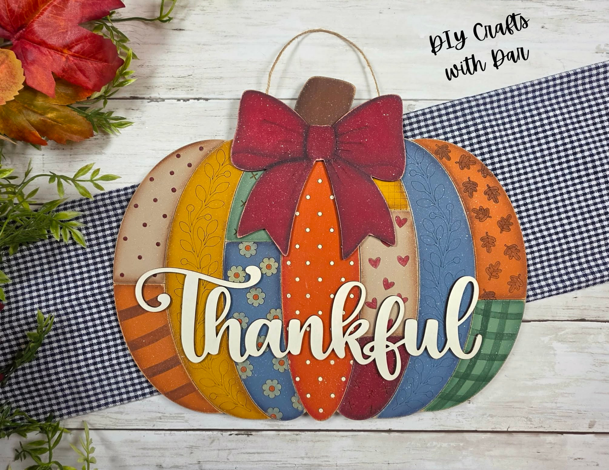 Thankful Patchwork Pumpkin Door Sign - unpainted ready for you to finish