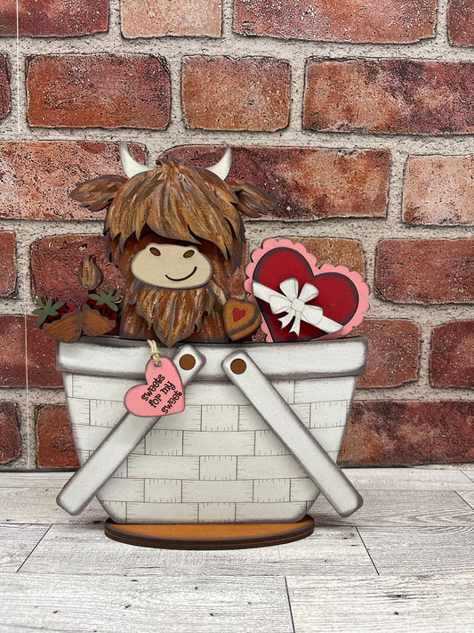Valentines Highland Cow Basket insert cutouts unpainted ready for you to finish