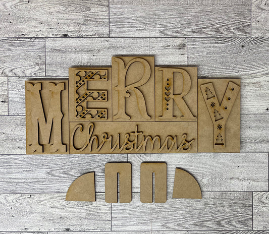 Merry Christmas word kit - wood pieces, unpainted wood cutouts, ready for you to paint, scrapbook paper is not included