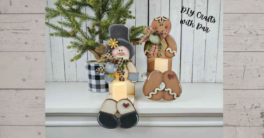 Snowman or Gingerbread Shelf Sitter with votive - unpainted wood cutouts, ready for you to paint