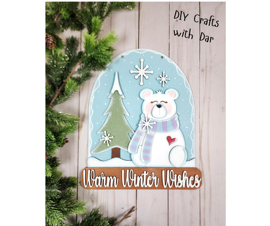 December - Add On Polar Bear Globe Door Sign - unpainted wood cutouts, ready for you to paint