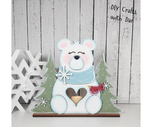 December - Add On Polar Bear with Trees Votive Stander - unpainted wood cutouts, ready for you to paint