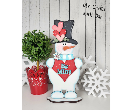 Be Mine Valentines Snowman Stander - cutout, unpainted wooden cutout, ready for you to paint