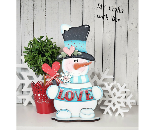 LOVE Valentines Snowman Stander - cutout, unpainted wooden cutout, ready for you to paint -