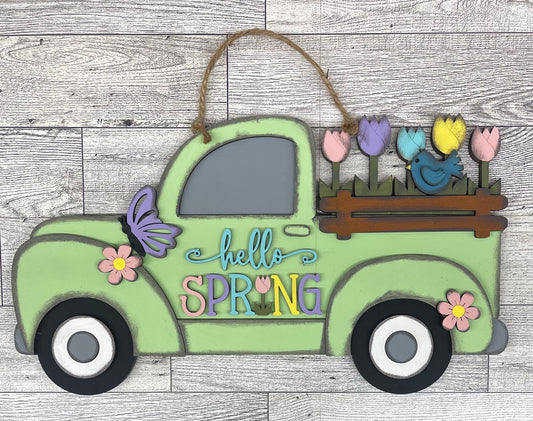 Hello Spring Truck sign kit, unpainted wooden cutouts - diy kit ready for you to paint