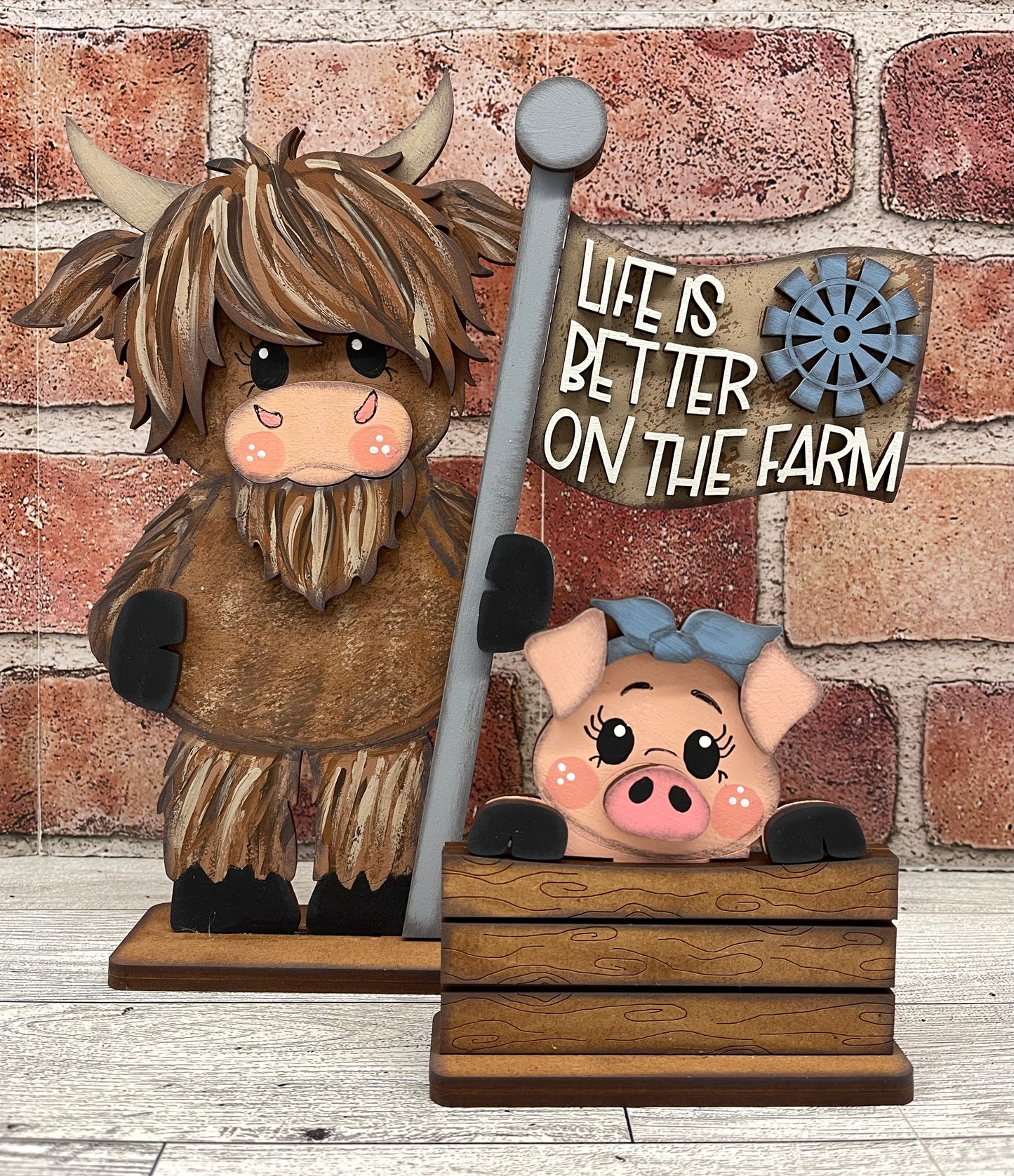 $12.00 Thursday - Highland Cow with 2 Changeable Flags and 2 Basket inserts and basket - unpainted cutouts ready for you to finish