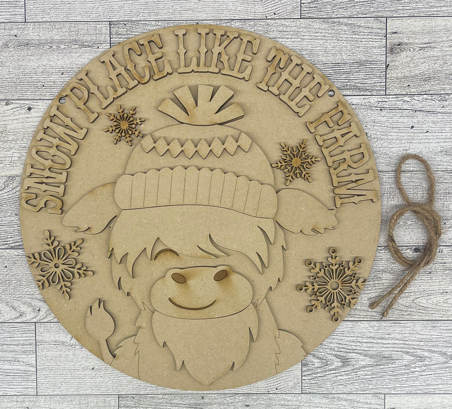 Snow Place line the Farm Highland Cow Door sign wood cutouts, unpainted ready for you to finish