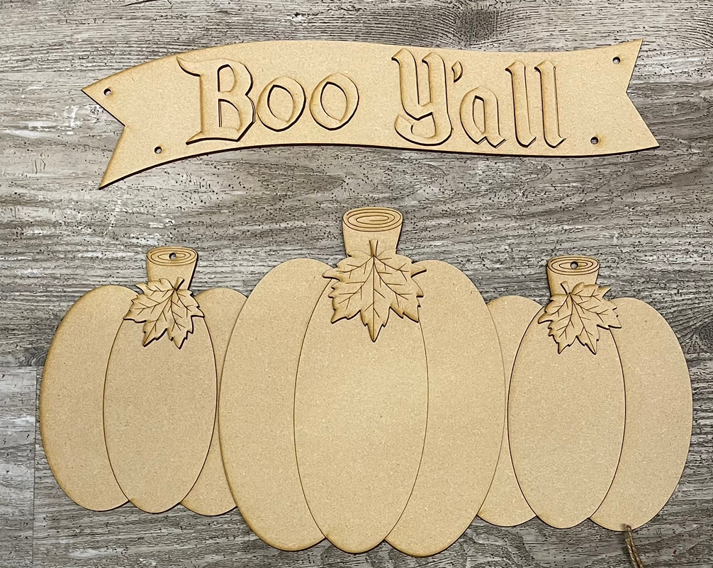 Boo Y'All Door Hangers Sign Kit, DIY Kit - unpainted wood cutouts