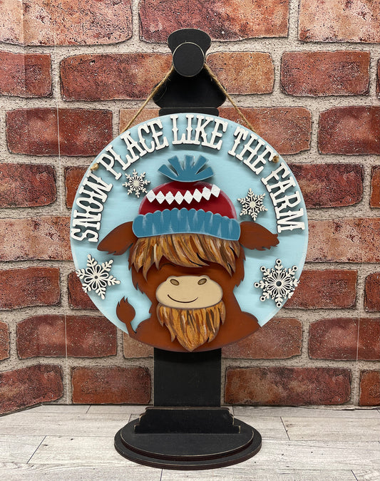 Snow Place line the Farm Highland Cow Door sign wood cutouts, unpainted ready for you to finish