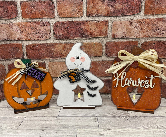 Halloween and Fall Tea lights diy kit cutout,unpainted wooden cutouts, ready for you to paint