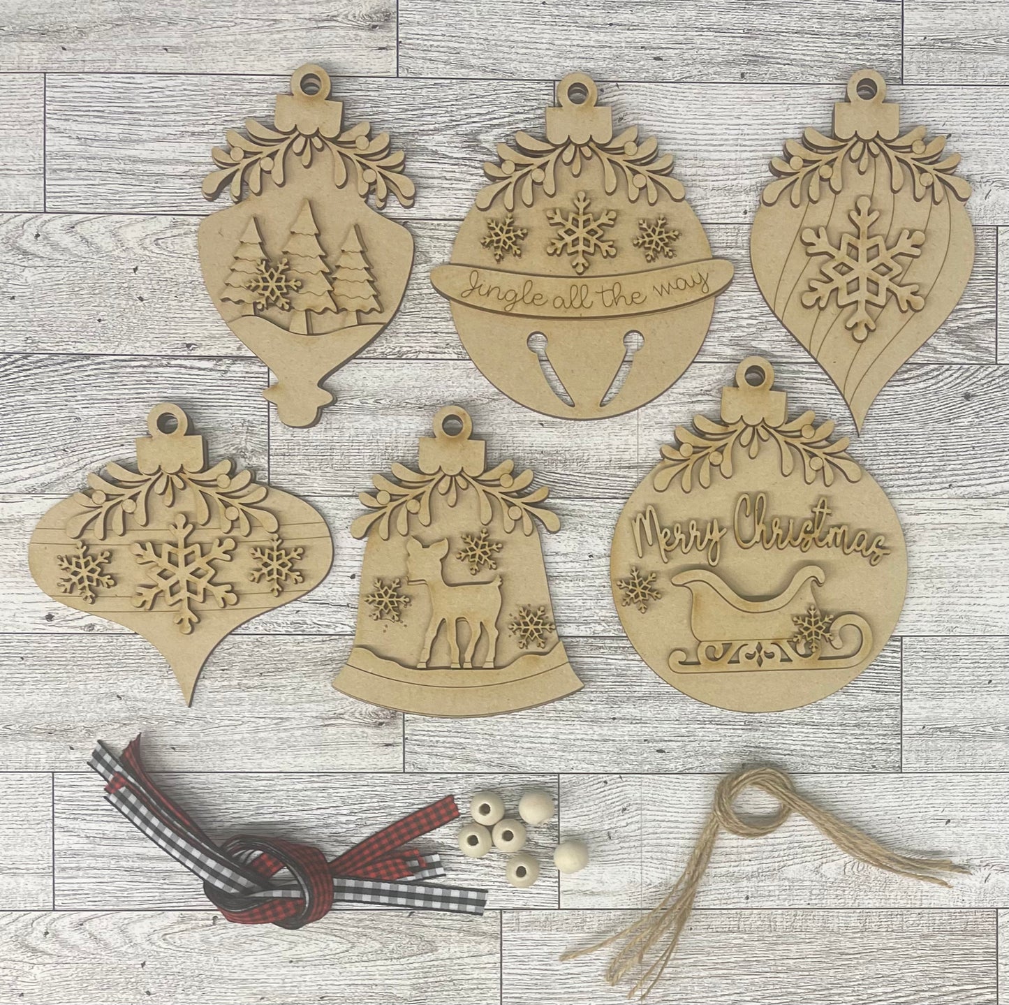 Mistletoe Ornaments - Set of 6 wood ornament cutouts, unpainted ready for you to finish