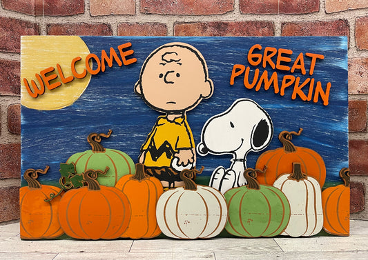 Welcome Great Pumpkin Charlie Brown Sign cutouts - unpainted wooden cutouts, ready for you to paint