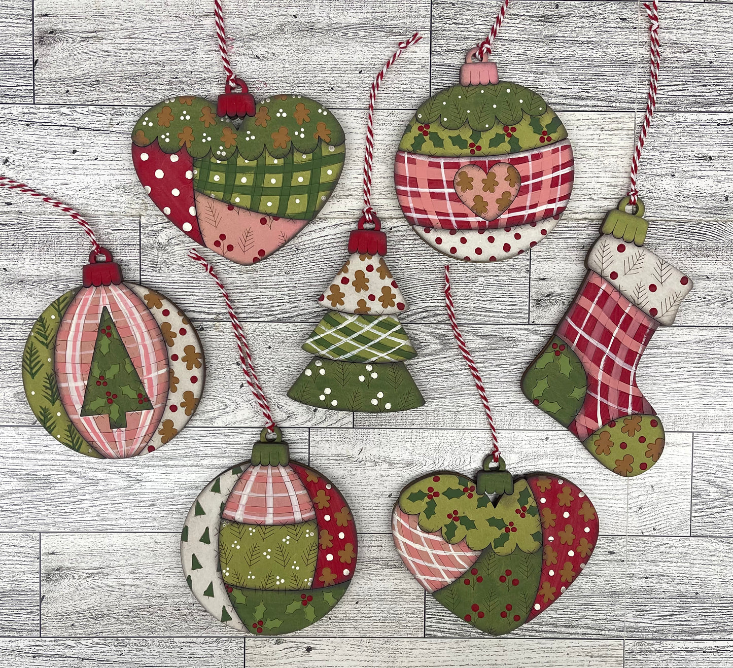 $10.00 Thursday - Patchwork Christmas Ornaments  - set of 7 - unpainted cutouts ready for you to finish