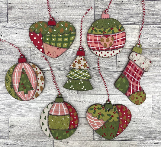 $10.00 Thursday - Patchwork Christmas Ornaments  - set of 7 - unpainted cutouts ready for you to finish