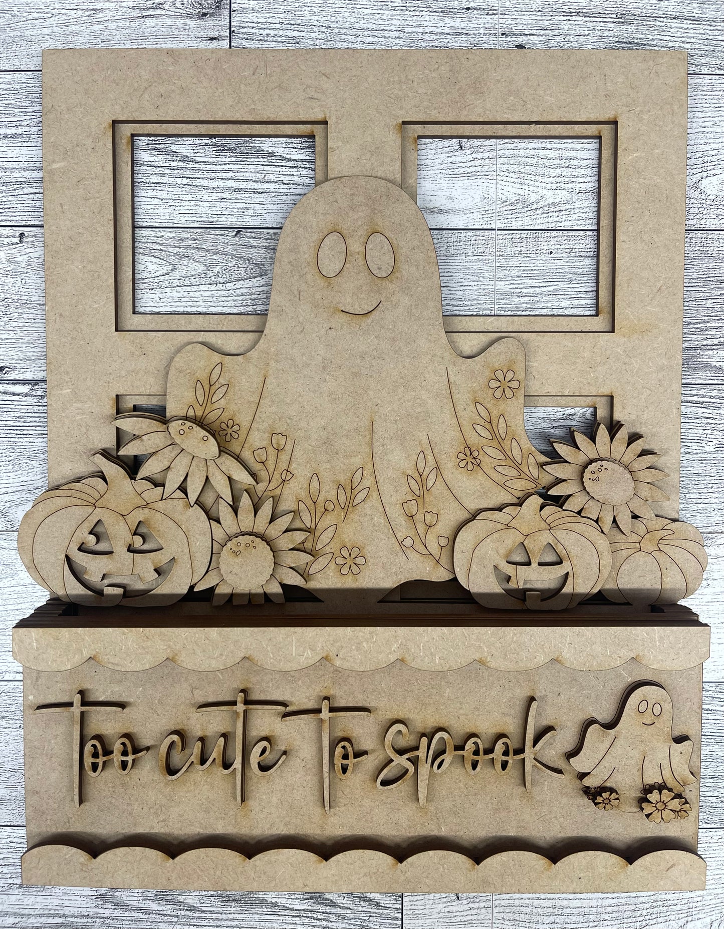 Ghost with Flowers 2026 Insert for Window - unpainted wood cutouts, ready for you to paint
