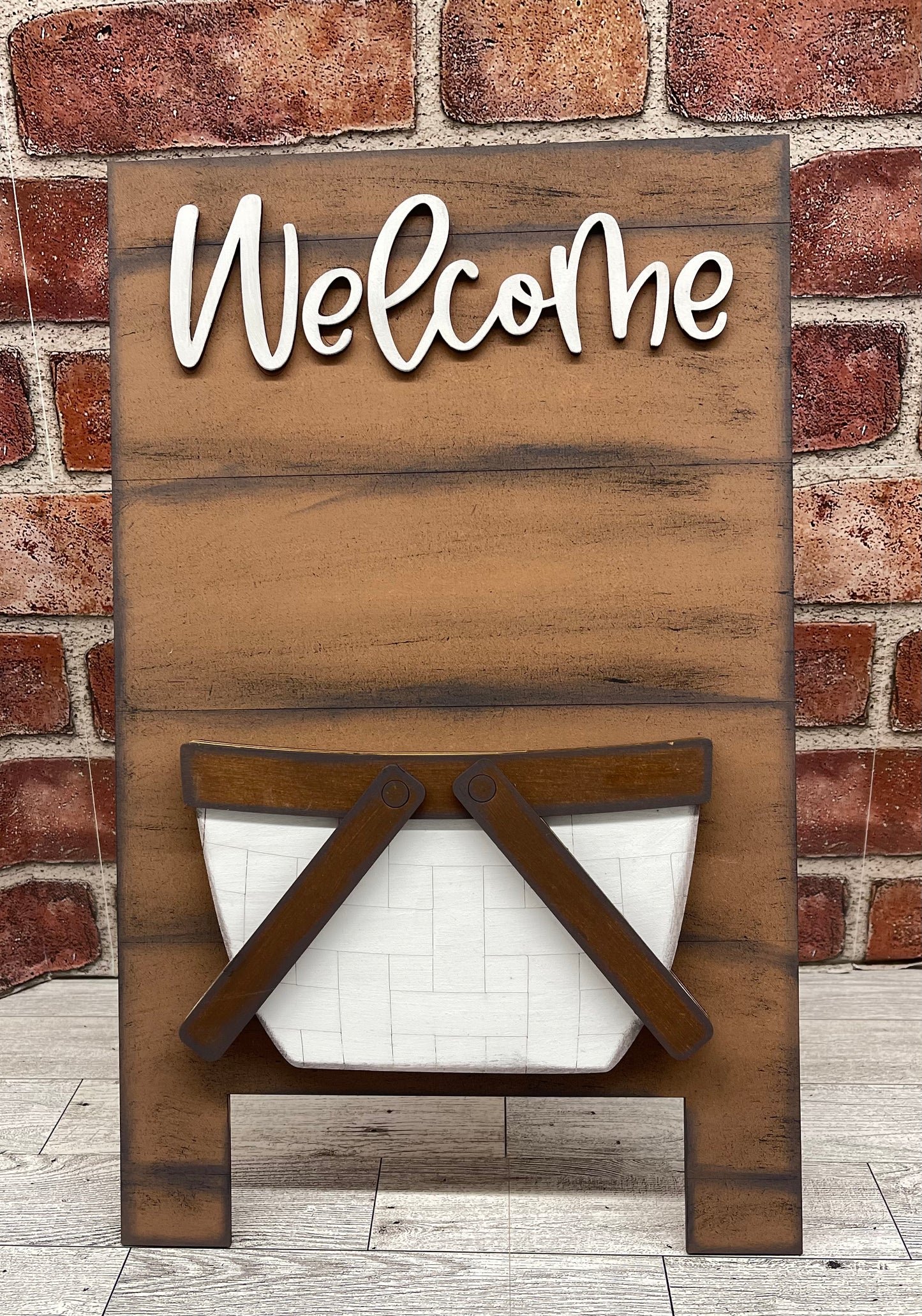 Leaning Welcome sign with basket to be used with the removable pieces unpainted wood cutouts, ready for you to paint