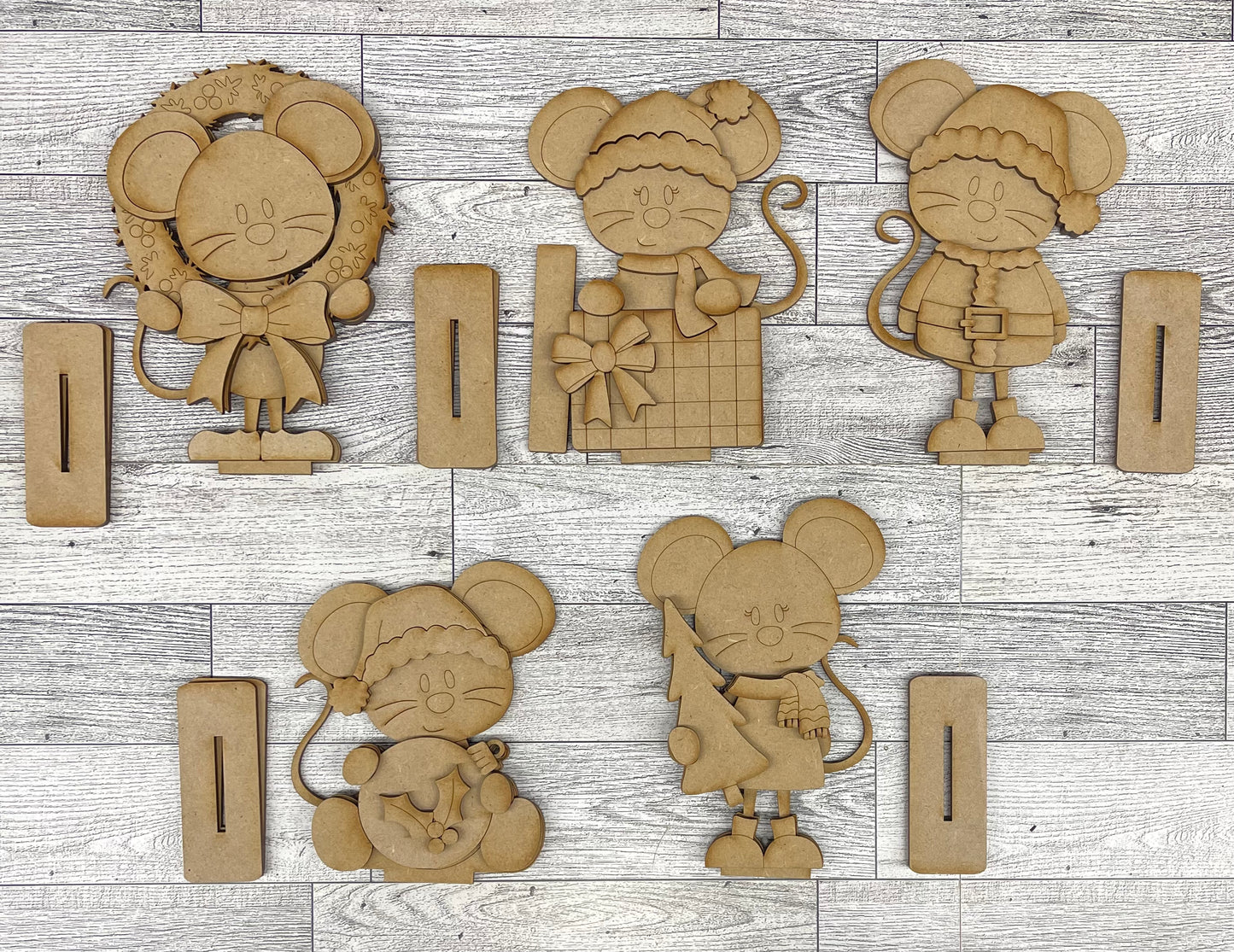 $12.00 Tuesday - Christmas Mouse Standers - set of 5 cutouts ready for you to finish - truck sold separately