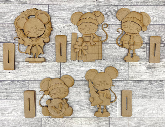$12.00 Tuesday - Christmas Mouse Standers - set of 5 cutouts ready for you to finish - truck sold separately