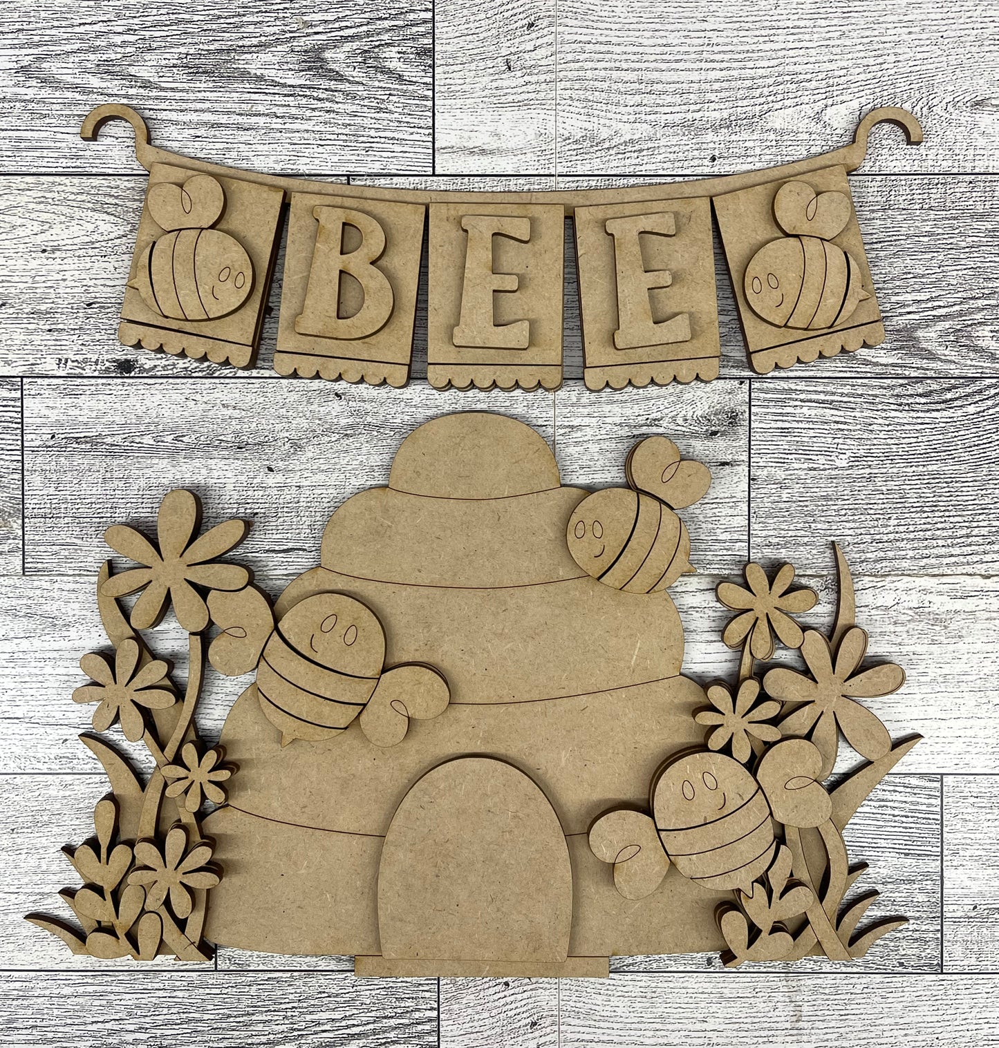 Beehive and Banner - Insert for Changeable Picket Fence unpainted wood cutouts, ready for you to paint, fence not included