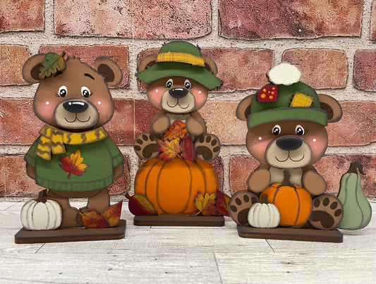 Fall Bears with Pumpkins Stander Trio - unpainted cutouts, ready to paint