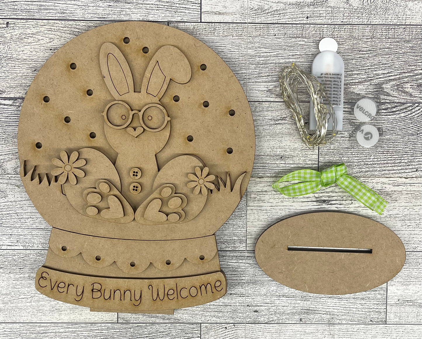 Every Bunny Welcome Lighted Easter - Globe Stander - unpainted wood cutouts, ready for you to paint