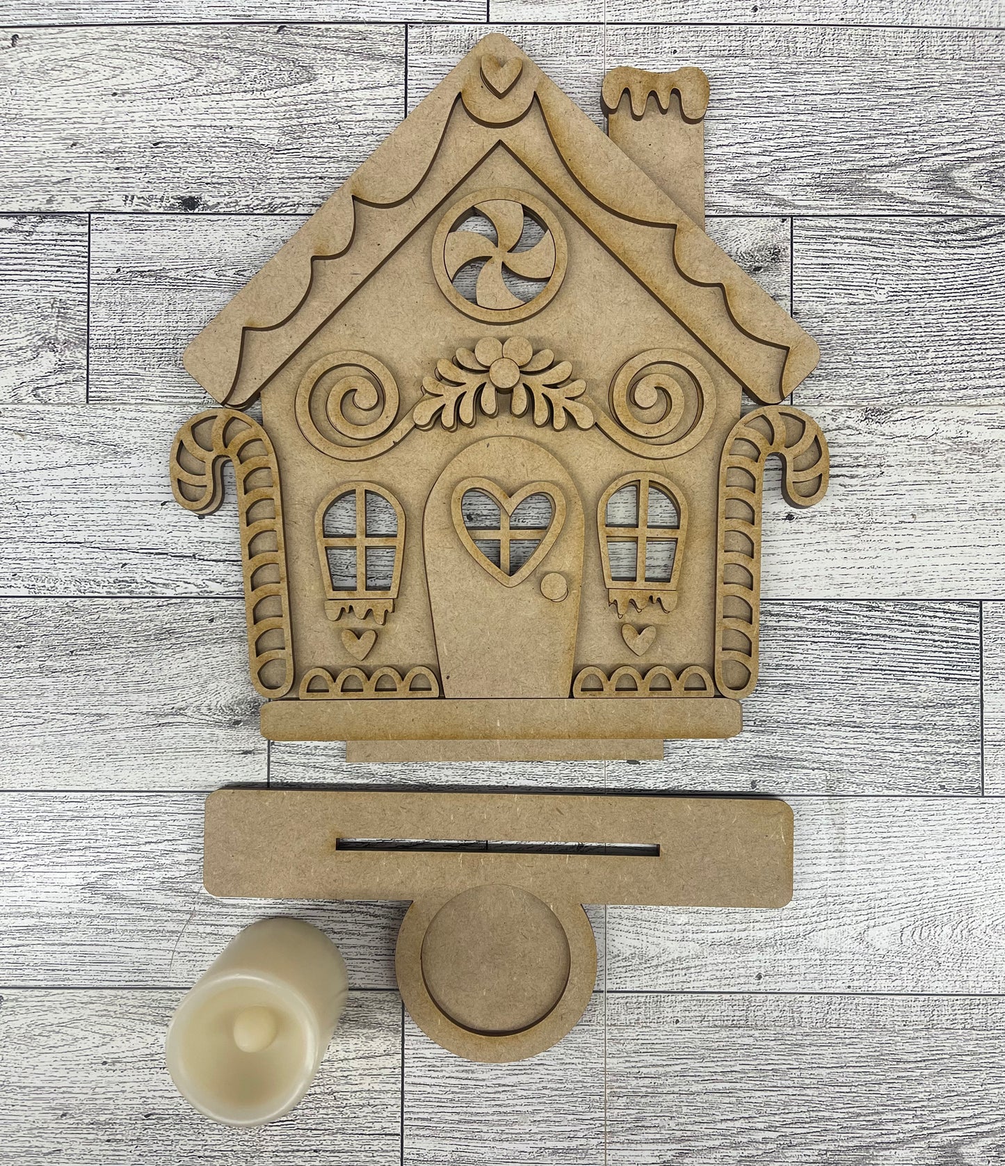 Gingerbread House Stander with Tealight - unpainted cutouts, ready for you to paint