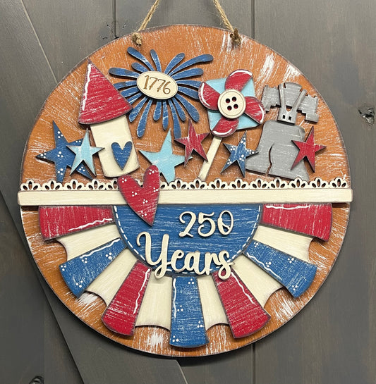 Large Patriotic 250 Years Door Hanger - unpainted wooden cutouts, ready for you to paint