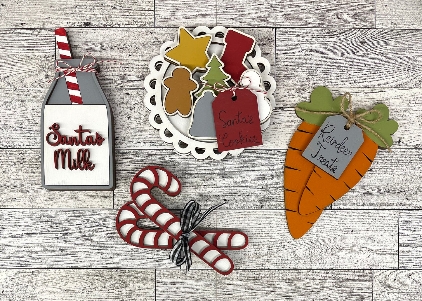 Santa’s Tray wood cutout with wooden cookies, milk, carrots and candy canes cutouts, unpainted ready for you to paint