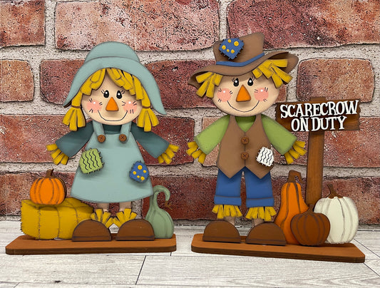 Boy and Girl Scarecrow with Pumpkins Stander  - unpainted cutouts, ready to paint