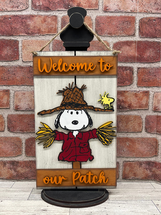 Welcome to our Patch Pallet Sign - Snoopy Scarecrow - Peanuts Gang Cutout unpainted wood ready for you to paint