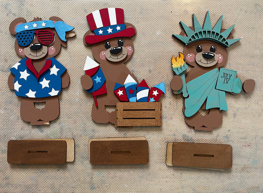 $10.00 Thursday - Patriotic Bear Standers - set of 3 - unpainted cutouts ready for you to finish