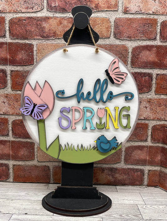 Hello Spring round sign kit, unpainted wooden cutouts - diy kit ready for you to paint, includes the circle